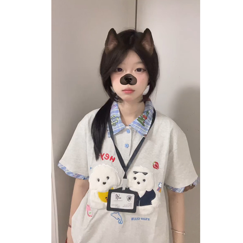 美式刺绣卡通翻领格纹短袖t恤女