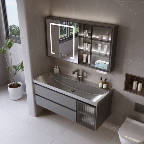 智能浴室柜组合卫生间鎏金石一体盆洗手洗脸盆多功能洗漱台储物柜