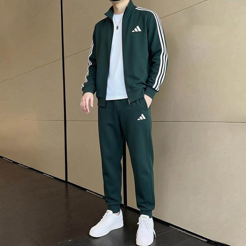 adidas阿迪达斯绿色运动套装男两件套秋立领外套针织裤子收口长裤