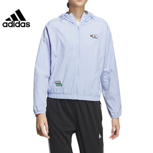 Adidas阿迪达斯防风外套女2024新款运动服宽松连帽跑步夹克HY2858