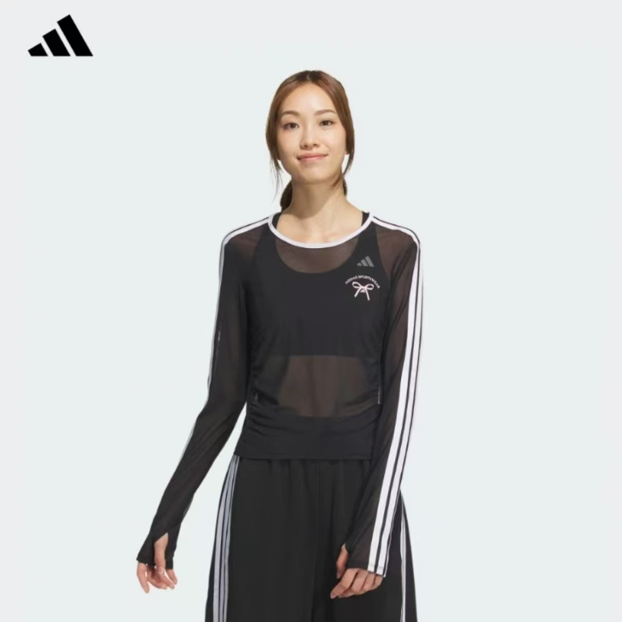 Adidas阿迪达斯简约蝴蝶结图案修身圆领长袖T恤女春季新款 JY7655