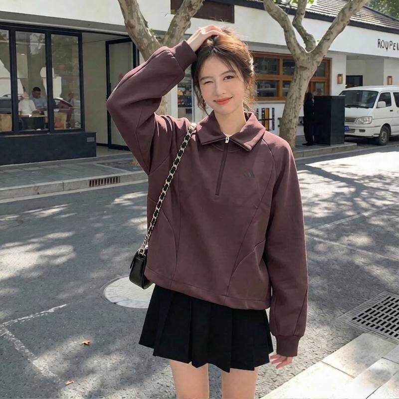 阿迪达斯卫衣女秋新款复古半拉链上衣宽松美式韩版休闲运动套头衫
