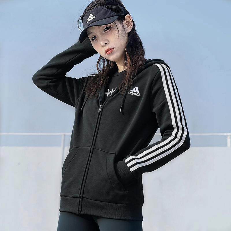 阿迪达斯外套女秋季新款连帽针织修身显瘦运动服三条纹复古夹克