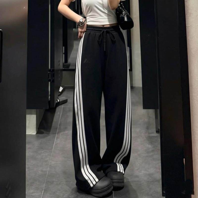阿迪达斯针织裤子女秋季高腰三条纹直筒裤美式街舞卫裤复古运动裤