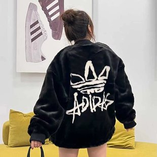 阿迪达斯三叶草毛绒外套男冬季新款宽松仿貂绒夹克棒球服JD3776