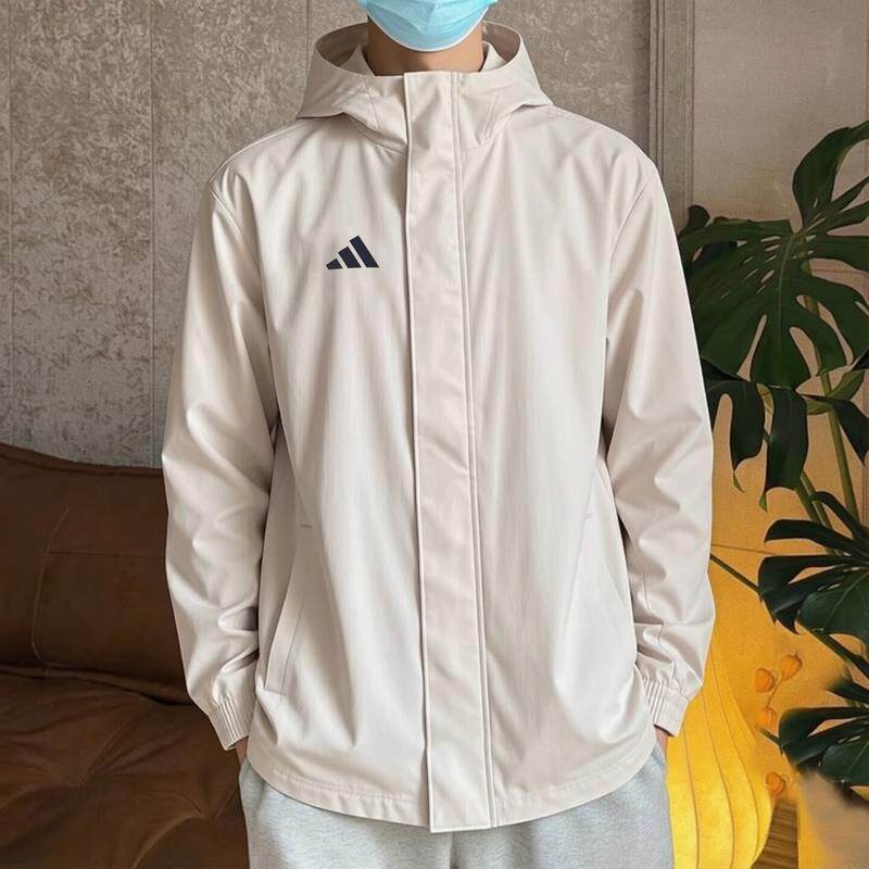 阿迪达斯纯色防风衣男秋季新款户外轻运动服连帽梭织外套男士夹克