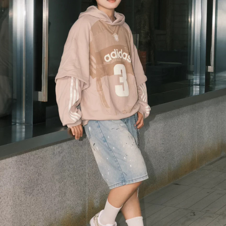 Adidas阿迪达斯三叶草正品男子潮流宽松百搭假两件连帽卫衣套头衫