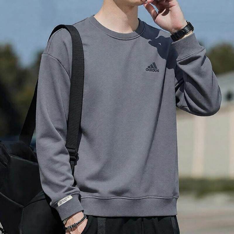 阿迪达斯圆领卫衣男新款宽松落肩袖简约纯色休闲套头衫灰色上衣