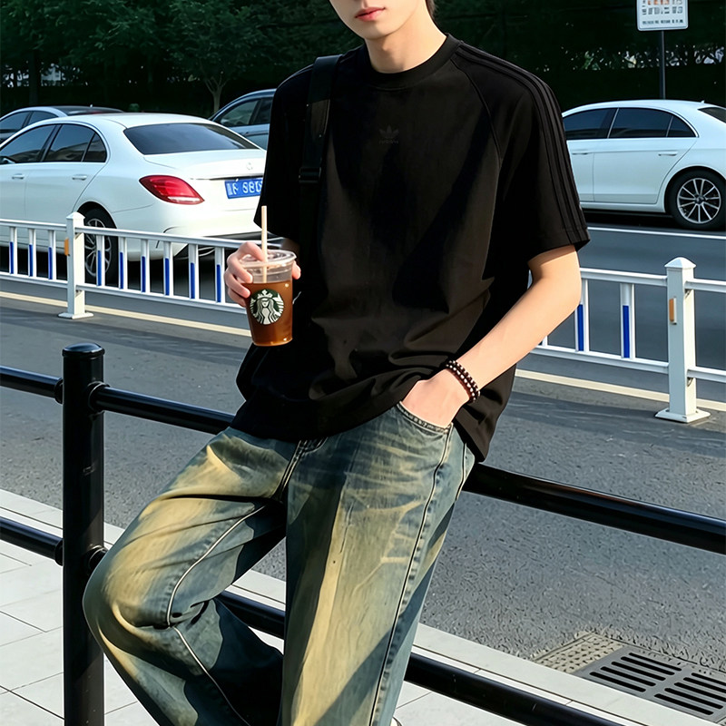Adidas阿迪达斯三叶草短袖男2026夏季款简约百搭休闲透气黑色T恤