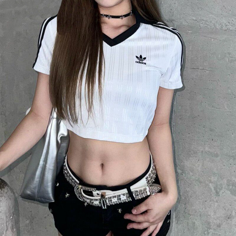 Adidas阿迪达斯三叶草夏季女子短款辣妹球衣复古V领短袖POLO衫T恤