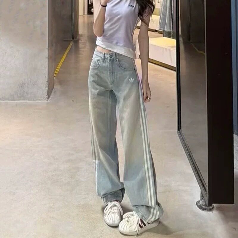 阿迪达斯女款复古宽松阔腿牛仔裤