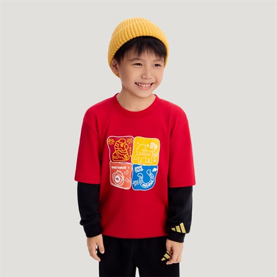 阿迪达斯马年红童假两件卫衣