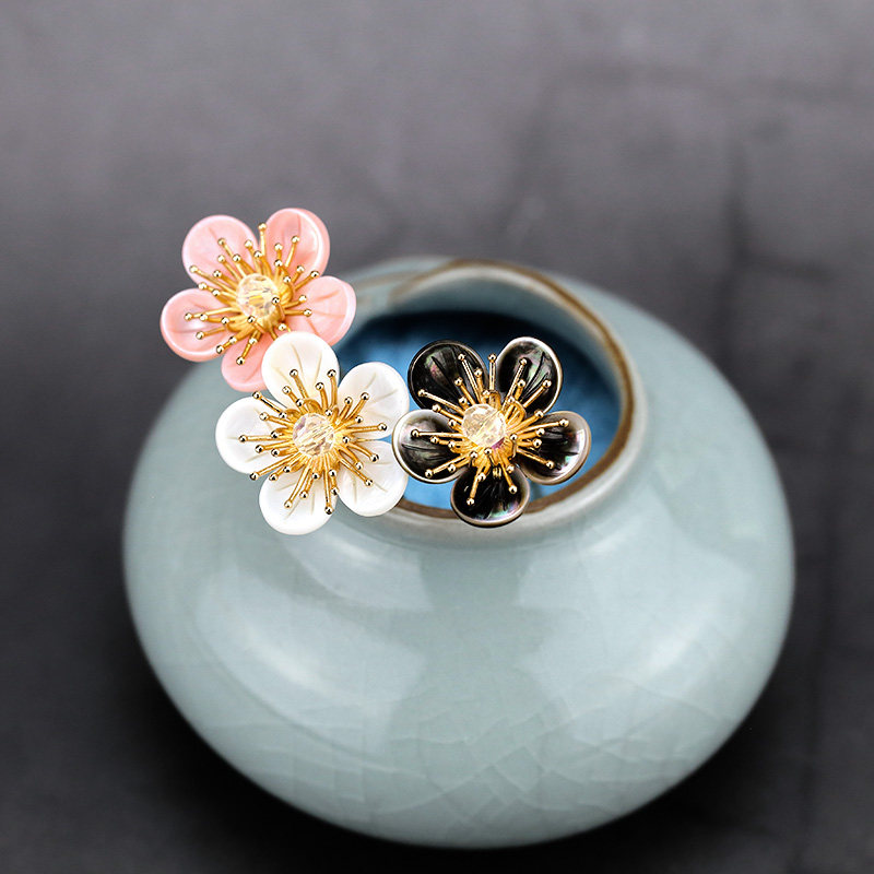 墨涧花饰品 黑白粉贝壳梅花古风小u型发簪钗简约百搭发饰