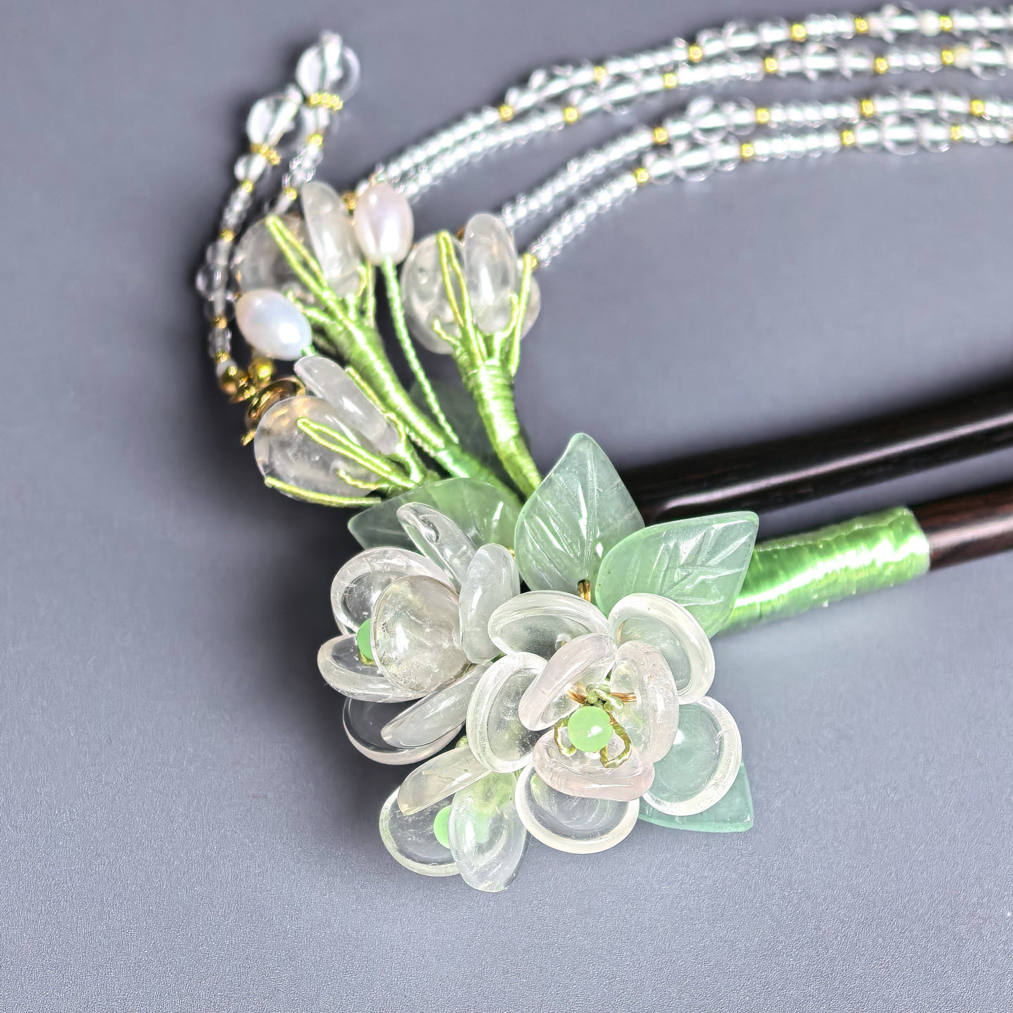 墨涧花【茉璃】白水晶茉莉檀木发钗u型古风流苏汉服头饰原创设计