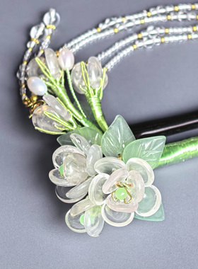 墨涧花白水晶茉莉檀木发钗