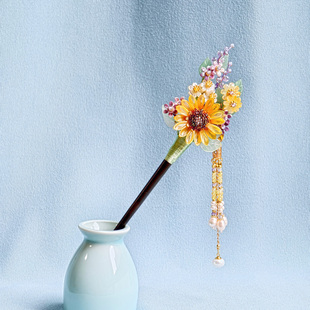 墨涧花原创设计黄蝶贝向日葵檀木发簪古风珍珠流苏步摇汉服发饰