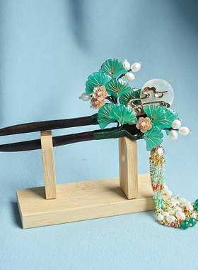 墨涧花古风黑檀木明月松发簪
