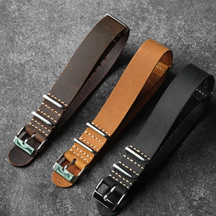 手工nato 真皮表带北约18 20 22 24MM棕黑复古男表带适配登山表