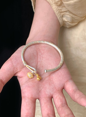 国风足银9999马上有钱吉言手镯纯银描金平安锁开口镯子情人节礼物