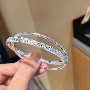 足银9999双环碎冰冰手镯实心闭口纯银镯子小众手环情人节女友礼物