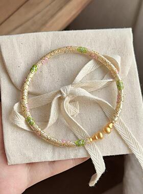 新中式足银999.9珐琅彩樱花手镯复古描金葫芦纯银镯子情人节礼物