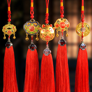 车载如意锁福字流苏挂饰汽车装饰挂件珐琅彩平安锁中国风手工吊坠