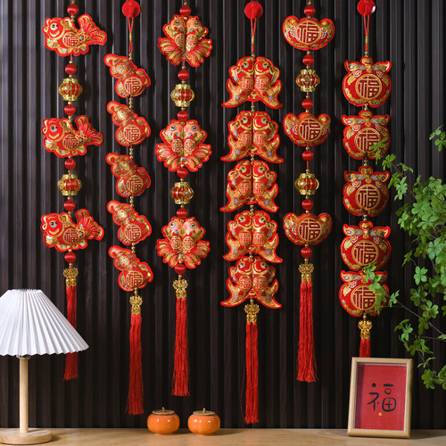 新年挂件福袋锦鲤财神长串新年马年新款装饰客厅入户门背景墙挂饰