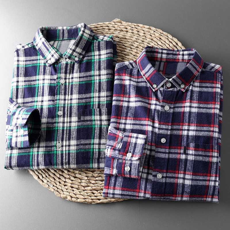 全棉磨毛格子衬衫2021秋季新款时尚休闲男士衬衣