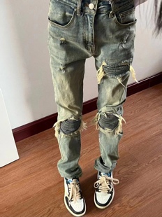 秋季新款fog刮烂补丁高街牛仔裤男女网红修身潮牌百搭学生长裤子