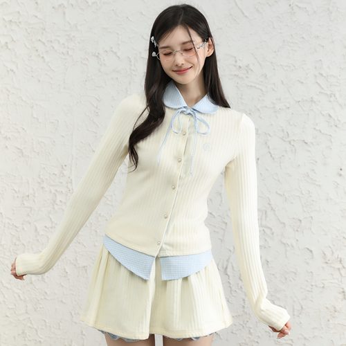 LENNEA韩系假两件格纹上衣蓬蓬花苞半裙两件套学院风针织衫套装