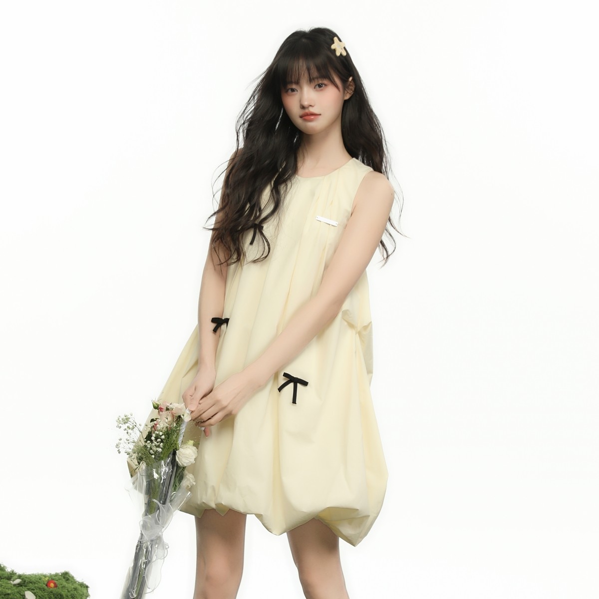 LENNEA法式小个子设计感减龄黄色连衣裙子女夏季无袖背心花苞短裙图片