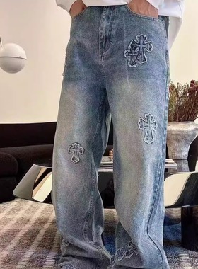 2025新款十字架贴布牛仔裤宽松阔腿裤直筒洗水设计师风格宽松潮牌