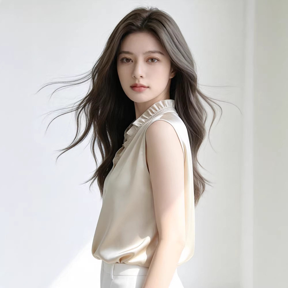 2026春夏新款小香风木耳边无袖衬衫女休闲缎面V领打底衫背心跨境