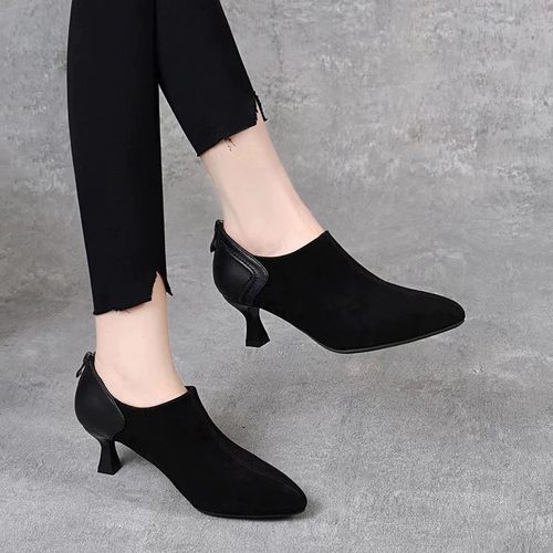 尖头单鞋女绒面翻毛皮深口真皮