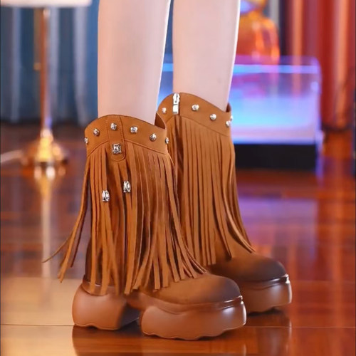 流苏小个子女鞋厚底西部靴马丁靴