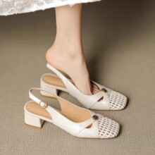 2025夏季新款绝美编织镂空包头凉鞋女配裙子复古外穿粗跟中跟单鞋