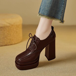 12cm防水台深口超高跟鞋 黑色 女圆头粗跟小个子厚底不累脚系带单鞋