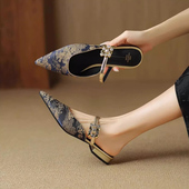 一字粗跟尖头懒人包头凉拖鞋 新中式 新款 女夏季 提花水钻低跟半拖鞋