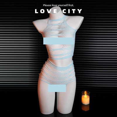 LOVECITY「来来网网」性感内衣镂空修身渔网衣丝袜辣妹套装