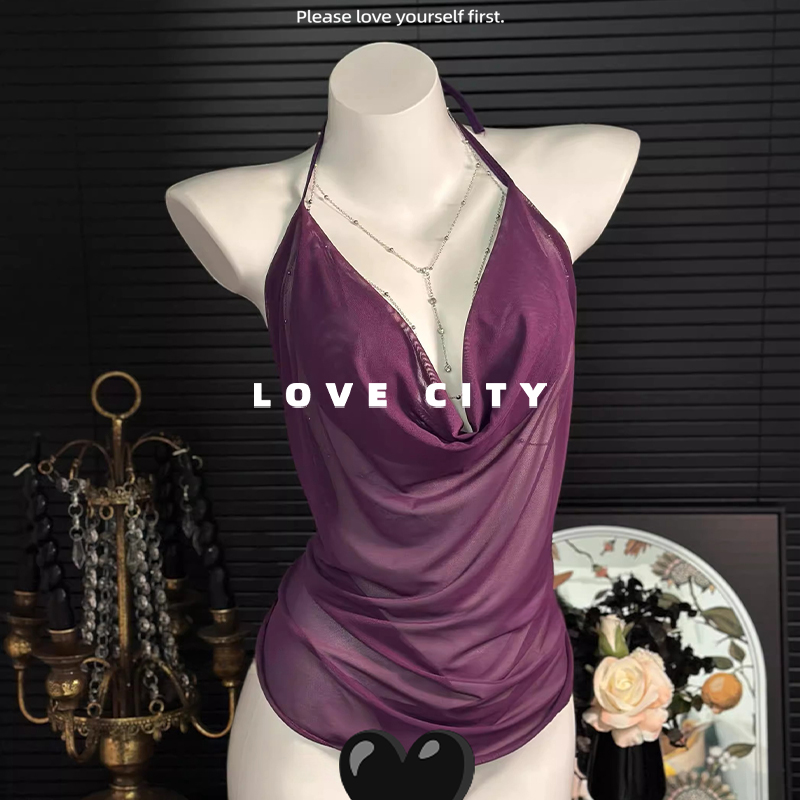 LOVECITY「紫霞仙子」挂脖纯欲辣妹性感薄纱睡裙吊带睡衣