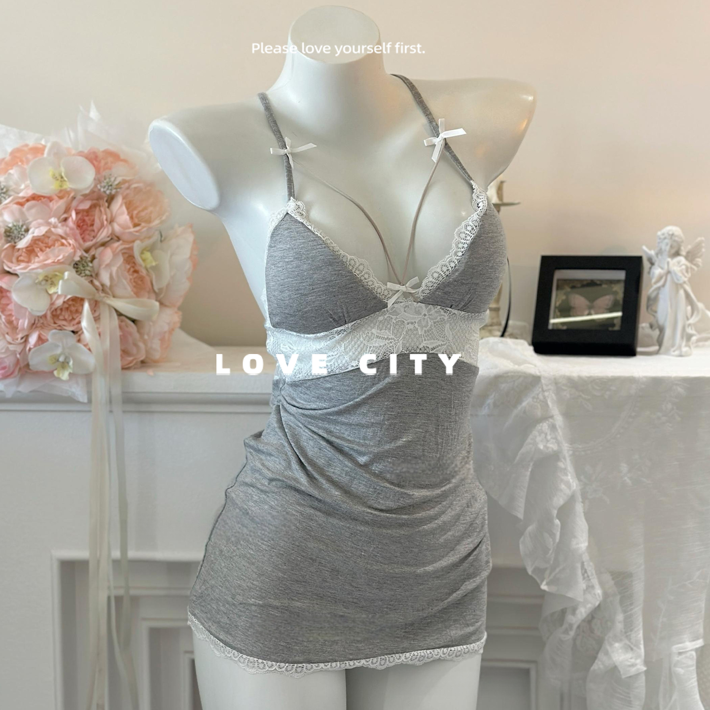 LOVECITY「千娇」舒适纯色睡衣露背加胸垫吊带睡裙女式家居服套装