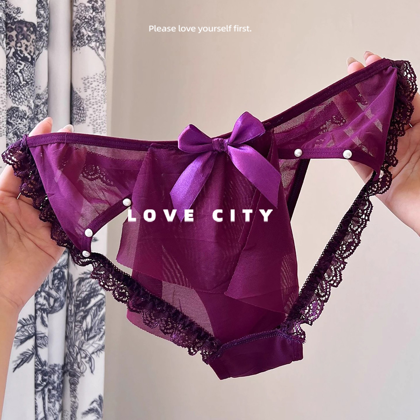 LOVECITY「蝶恋之吻」重工柳钉内裤女网纱镂空大蝴蝶结性感内裤女