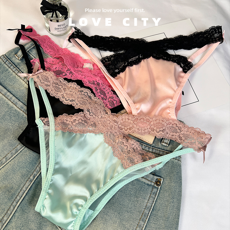 LOVECITY「情腰热辣」玫粉色辣妹纯欲蕾丝边蝴蝶性感缎面三角内裤