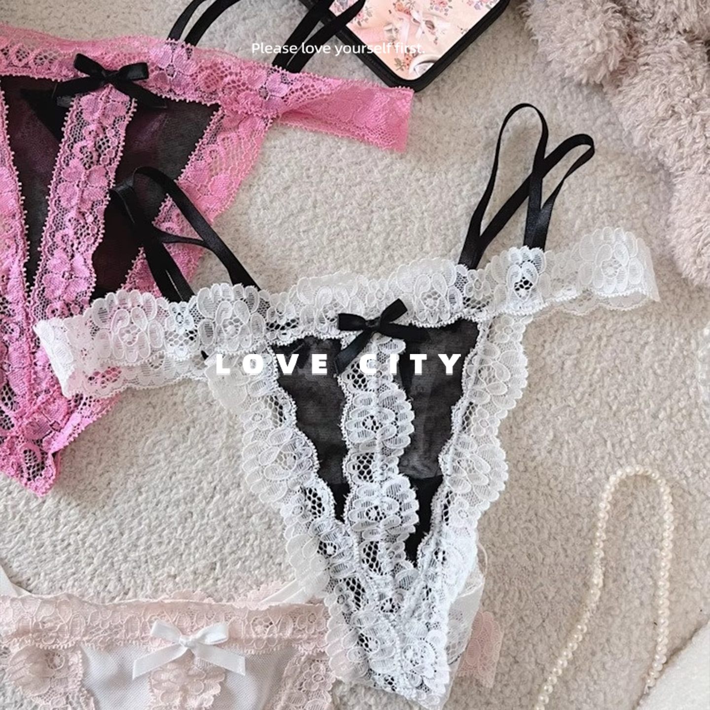LOVECITY「约会法则」镂空火辣蕾丝丁裤棉裆前后双蝴蝶结内裤女