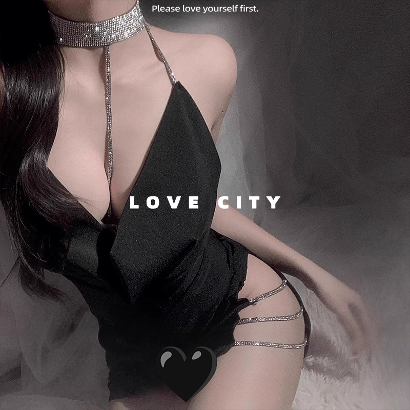 LOVECITY「禁果流光」黑色露背水钻纯欲少女包臀睡裙辣妹内搭睡衣