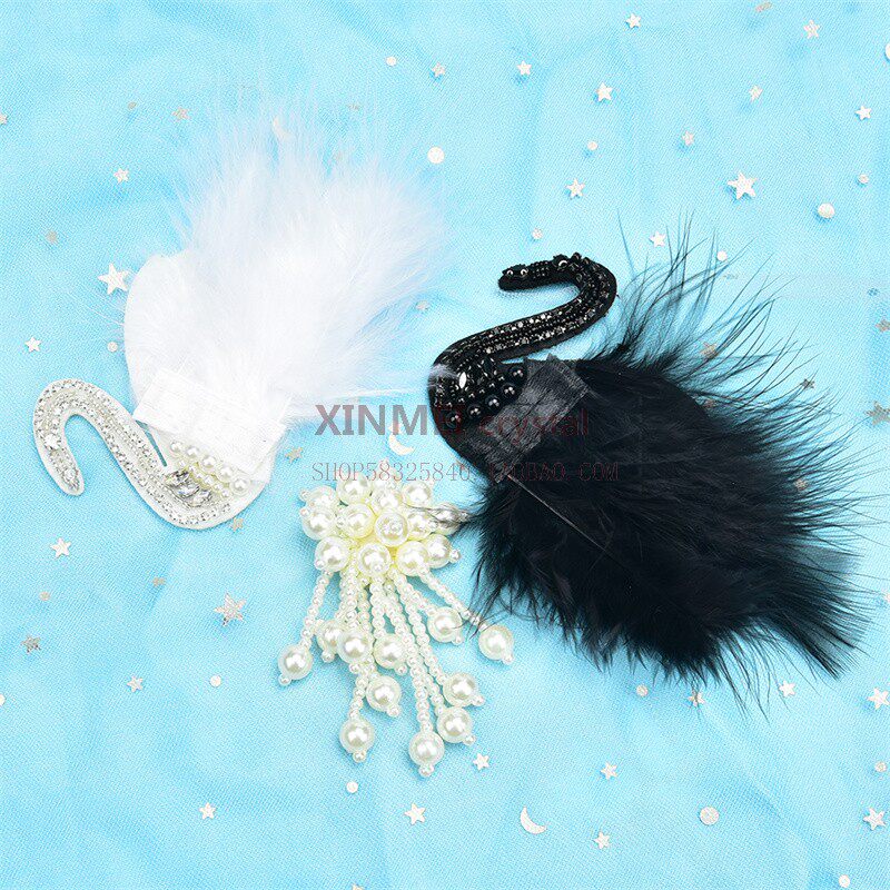 新款  手工制作羽毛天鹅补丁贴钻水钻珍珠流苏diy饰品材料配件