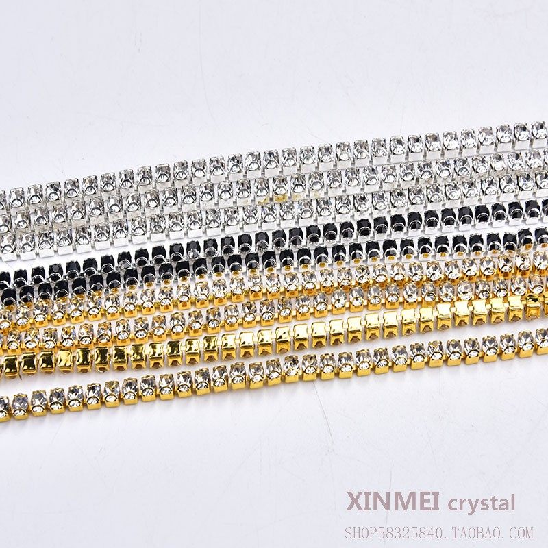 新款 D形不勾衣水晶玻璃稀/密链耳朵爪手缝钻链礼服婚纱鞋包配件