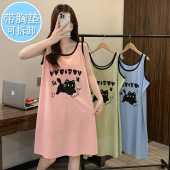 胖MM200斤卡通睡衣 大码 带胸垫100%纯棉睡裙女夏季 吊带背心中长款