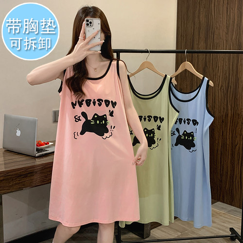 带胸垫100%纯棉睡裙女夏季吊带背心中长款大码胖MM200斤卡通睡衣