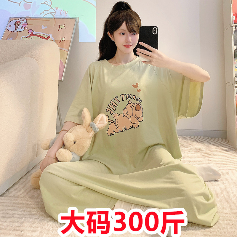 300斤特大码胖MM200斤夏睡裙女加肥加大短袖过膝纯棉睡裙睡衣女
